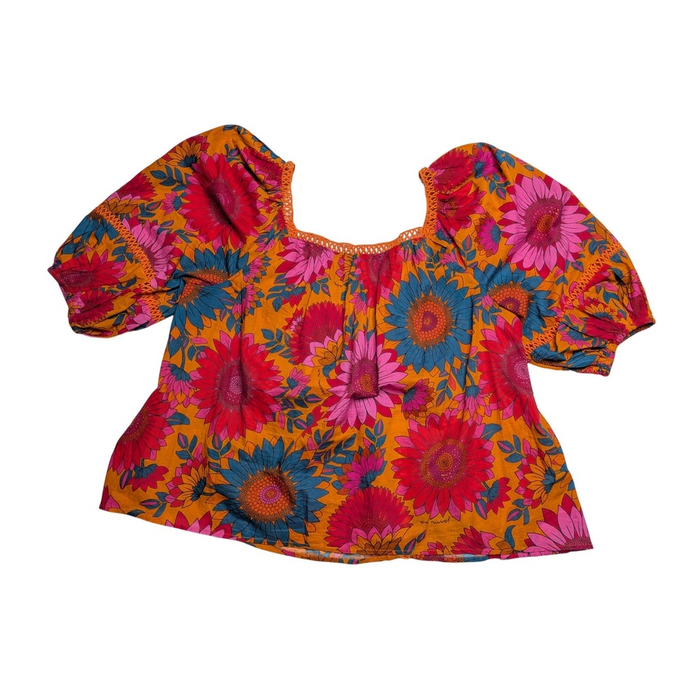 Farm Rio Anthropologie Sunflower Blouse Womens XL Floral Cotton Puff Sleeve - Picture 2 of 7